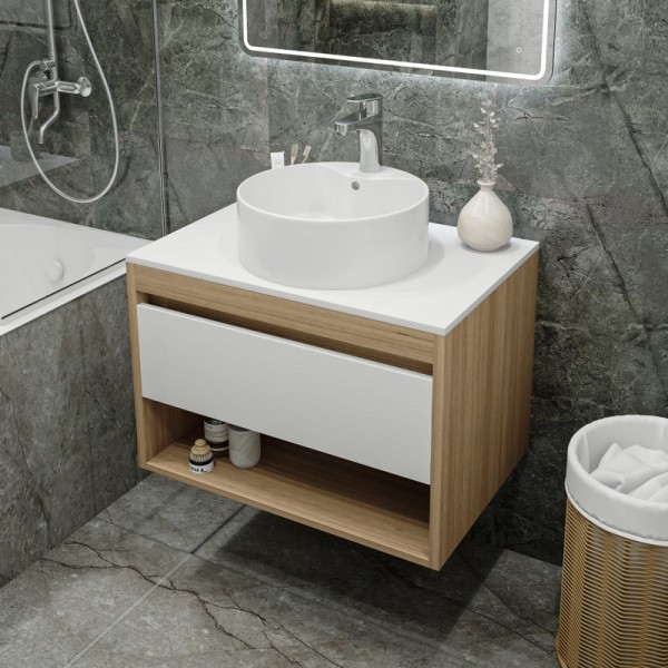 Тумба с раковиной Teymi Ritta 75 дуб эврика, матовая белая, раковина Lina S D40