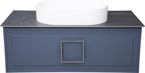 Тумба с раковиной La Fenice Cubo 100 подвесная, blu grigio, ручка хром, столешница черный мрамор, раковина белая матовая