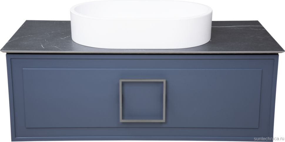 Тумба с раковиной La Fenice Cubo 100 подвесная, blu grigio, ручка хром, столешница черный мрамор, раковина белая матовая
