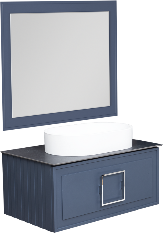Тумба с раковиной La Fenice Cubo 100 подвесная, blu grigio, ручка хром, столешница черный мрамор, раковина белая матовая