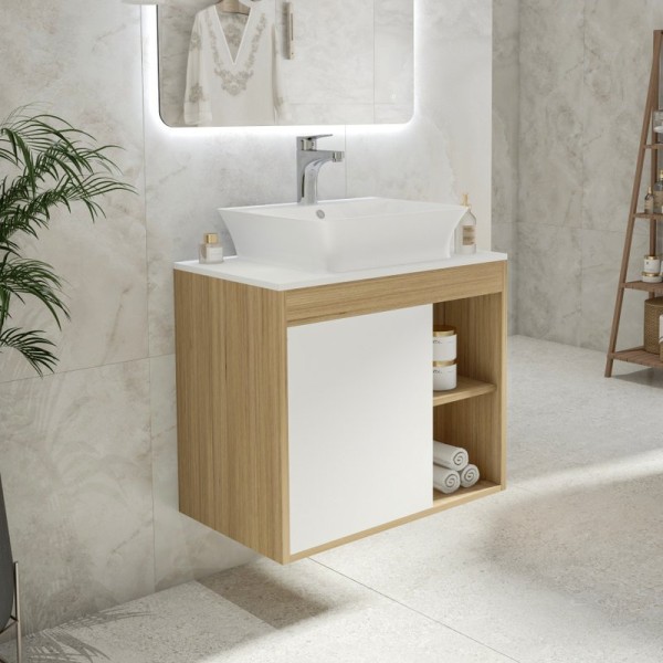 Тумба с раковиной Teymi Nura 70 дуб эврика, матовая белая, раковина Aina 49