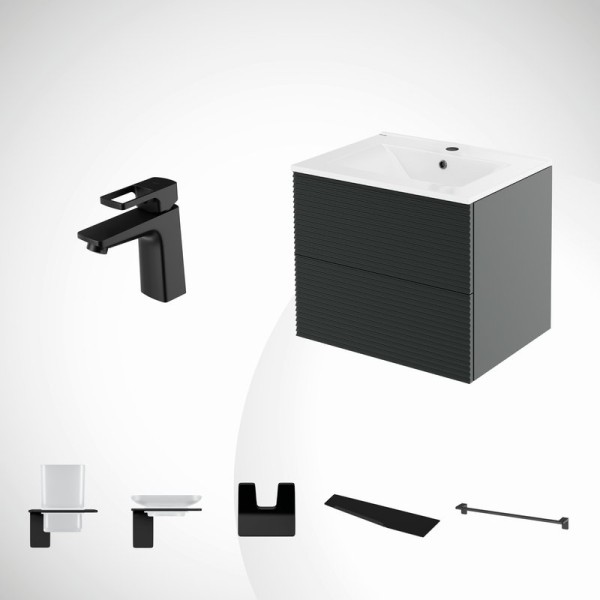 Комплект IDDIS 8в1: тумба подвесная с умывальником Bild 60 см + смеситель для умывальника Bild + набор аксессуаров Slide (мыльница, стакан, полка, полотенцедержатель, крючок двойной)