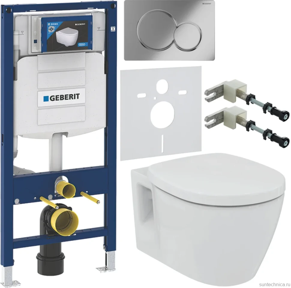 Комплект Унитаз подвесной Ideal Standard Connect + Крышка E712701 с микролифтом, петли хром + Инсталляция Geberit Duofix UP 320 111.300.00.5 + Кнопка Sigma 01 115.770.21.5 хром + Крепления 111.815.00.1 к стене + Звукоизоляция