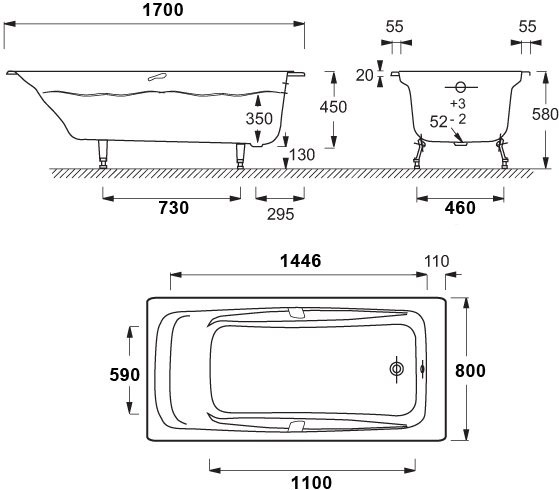 Чугунная ванна Jacob Delafon Repos 170x80 см, встраиваемая, белая, на ножках, с ручками