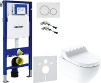 Комплект Умный унитаз Geberit AquaClean Tuma Comfort 146.294.SI.1 вставка белое стекло + Крепления Duofix 111.815.00.1 к стене + Звукоизоляция + Инсталляция UP 320 111.300.00.5 + Кнопка Sigma 20 115.882.11.1 белая