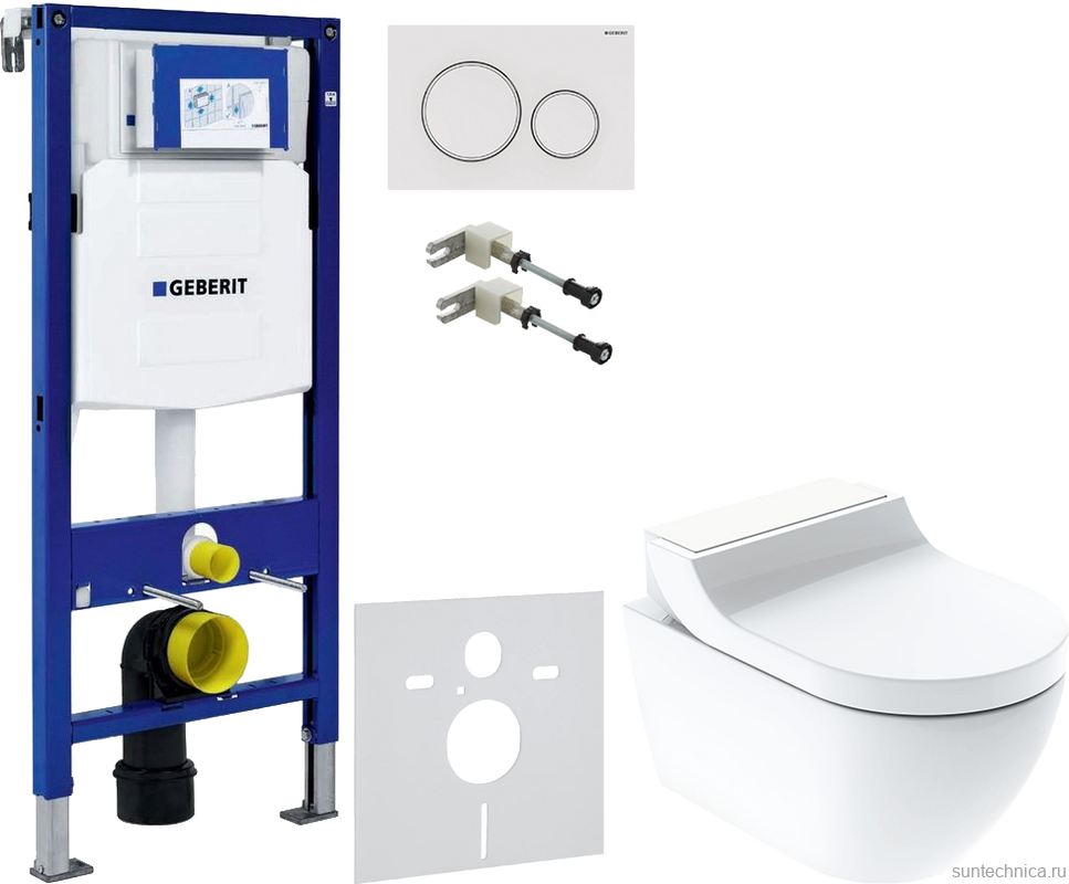Комплект Умный унитаз Geberit AquaClean Tuma Comfort 146.294.SI.1 вставка белое стекло + Крепления Duofix 111.815.00.1 к стене + Звукоизоляция + Инсталляция UP 320 111.300.00.5 + Кнопка Sigma 20 115.882.11.1 белая