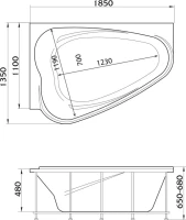 Акриловая ванна Marka One Love R 185x135 см, угловая, правая, пристенная, белая, асимметричная, с каркасом, для двоих
