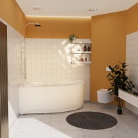 Акриловая ванна Radomir Ирма Релакс 160x105 см, угловая, левая, пристенная, с гидромассажем, белая, асимметричная, с каркасом, с экраном, с сиденьем, со сливом-переливом