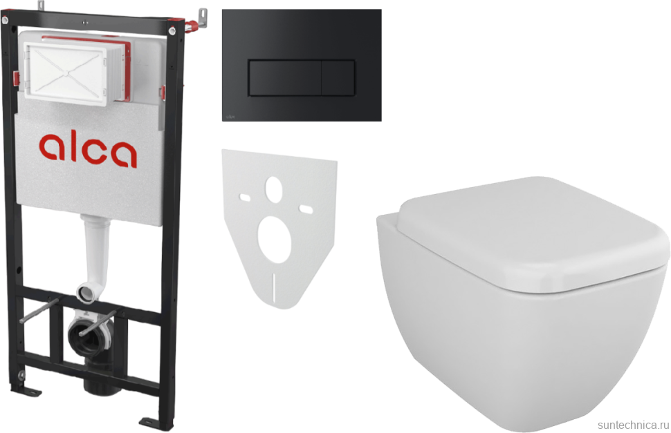 Комплект Унитаз подвесной VitrA Shift 7742B003-0075 белый глянцевый + Крышка 91-003-009 с микролифтом, петли хром + Инсталляция AlcaPlast AM101/1120-4:1 RU M578-0001 кнопка смыва черная