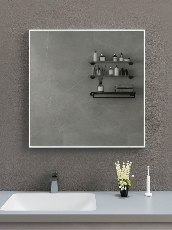 Зеркало в ванную с подсветкой Esbano ES-3803TD 80x80 см для ванной комнаты квадратное, с инфракрасным выключателем, со встроенной LED подсветкой с регулировкой яркости, холодный свет, с подогревом полотна, профиль хром