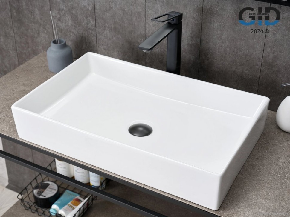 Накладная раковина GID Geometrico N9496 61 глянцевая белая, прямоугольная, фаянс