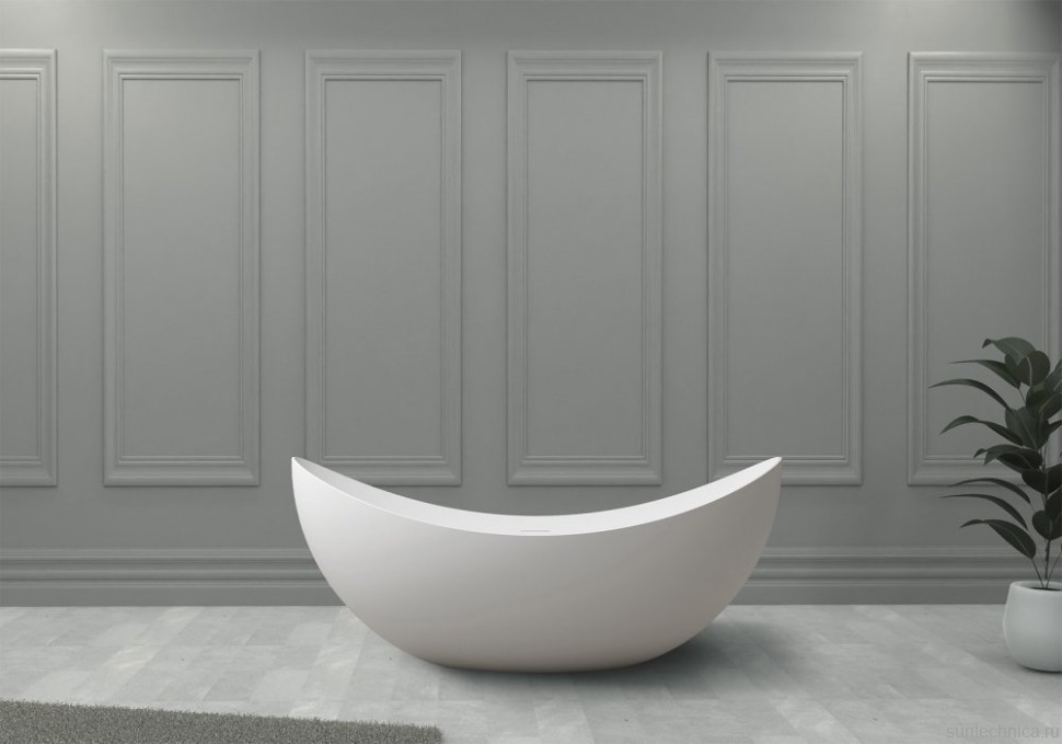 Ванна из искусственного камня Abber Stein AS9633 180x80 см, отдельностоящая, матовая белая, овальная, на ножках, с донным клапаном, фурнитура белая