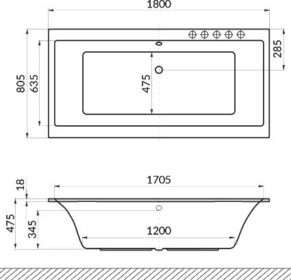 Акриловая ванна Excellent Pryzmat Slim WAEX.PRY18S.LINE 180x80 см, встраиваемая, с гидромассажем, белая, с каркасом, со сливом-переливом
