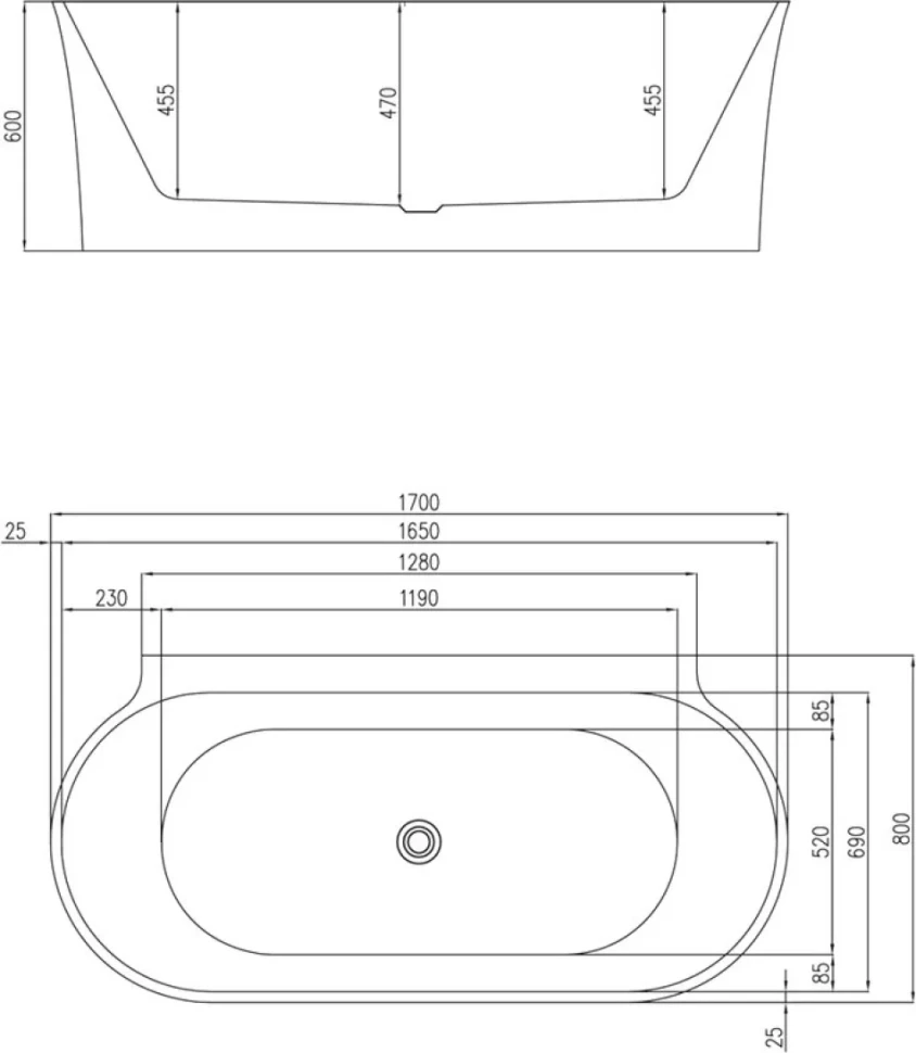Акриловая ванна BelBagno BB409-1700-800-W/NM 170x80 см, отдельностоящая, черно-белая, овальная, со сливом-переливом