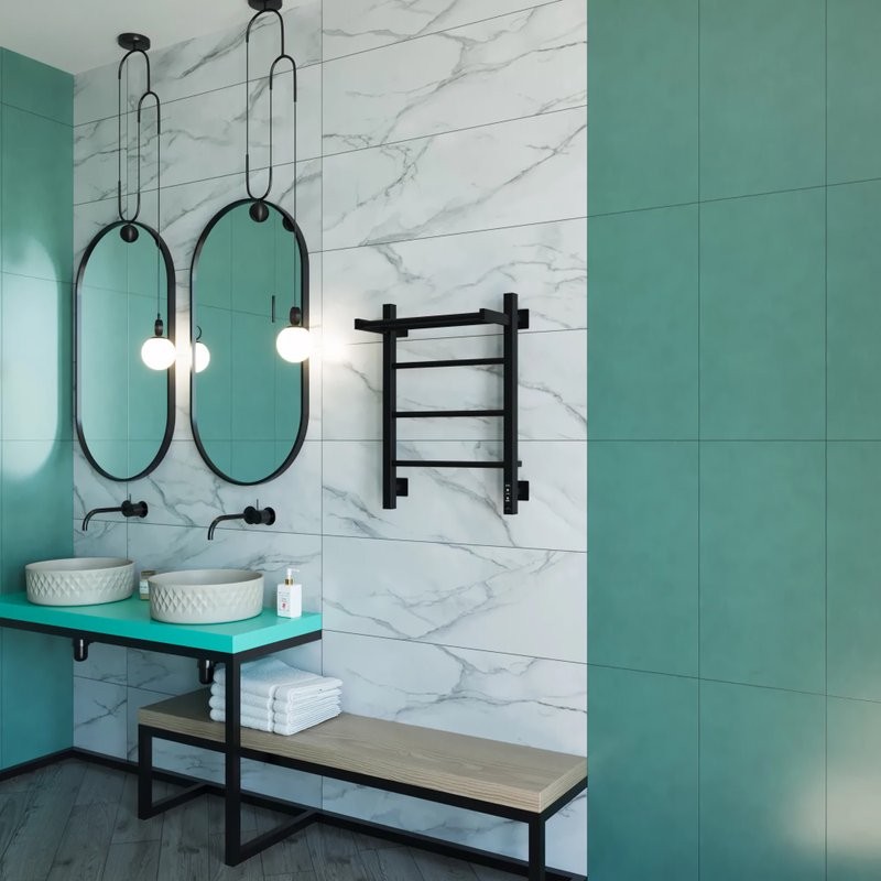 Полотенцесушитель электрический Grota App 430х600 RAL9005 EL 60x45 см, подключение справа, слева, скрытое подключение справа, матовый черный, лесенка, из стали, с полкой