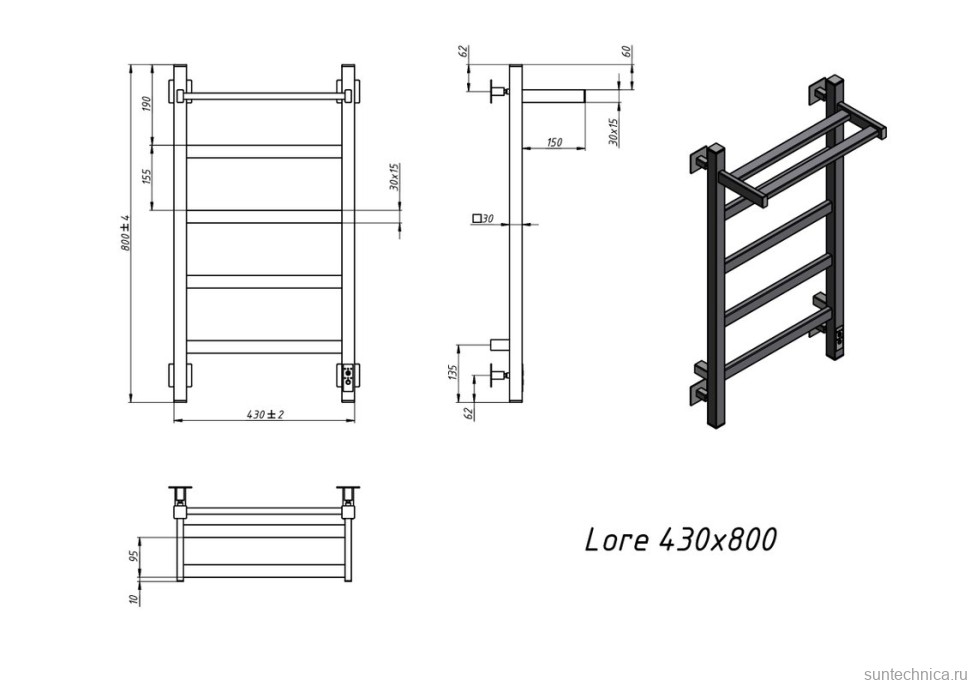 Полотенцесушитель электрический Grota Lore 430х800 NM EL 80x45 см, подключение справа, слева, скрытое подключение справа, матовый хром, лесенка, с полкой