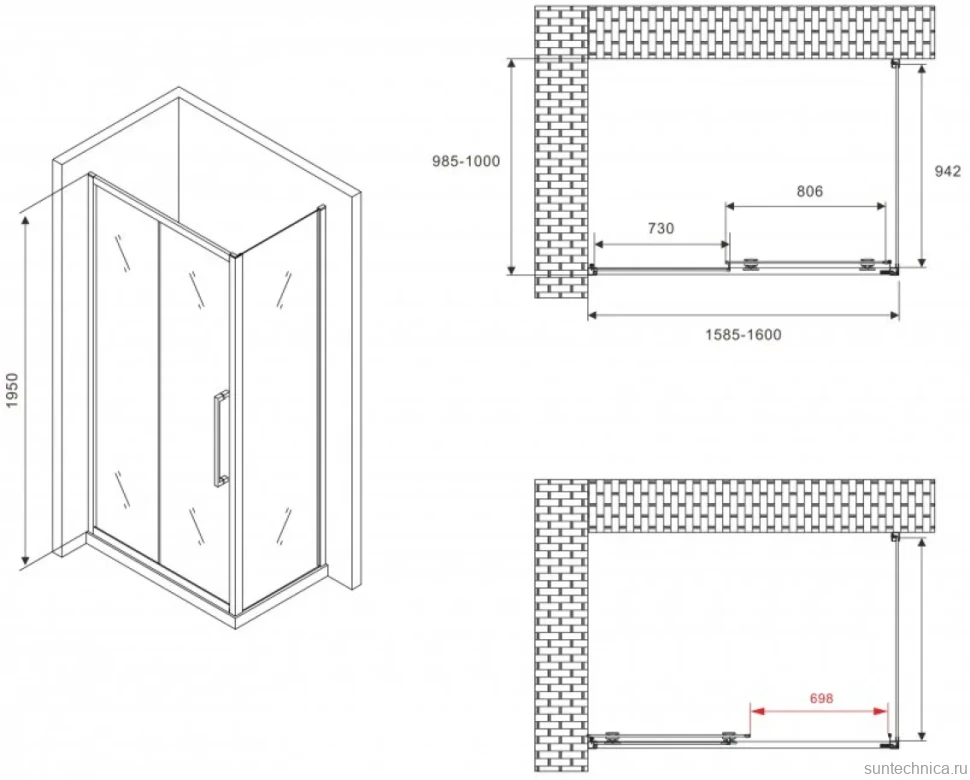 Душевой уголок Abber Schwarzer Diamant AG30160BH-S100B 160x100, профиль черный, стекло прозрачное