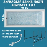 Акриловая ванна 1MarKa Bianca Стандарт 2 170x75 см, встраиваемая, белая, с каркасом, со сливом-переливом