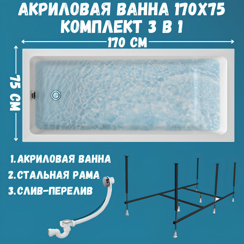 Акриловая ванна 1MarKa Bianca Стандарт 2 170x75 см, встраиваемая, белая, с каркасом, со сливом-переливом