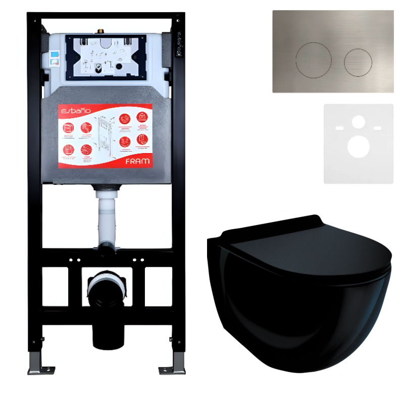 Комплект Унитаз подвесной Esbano Garcia ESUPGARCB черный глянец + Инсталляция Fram + Кнопка ESINMTK60ST