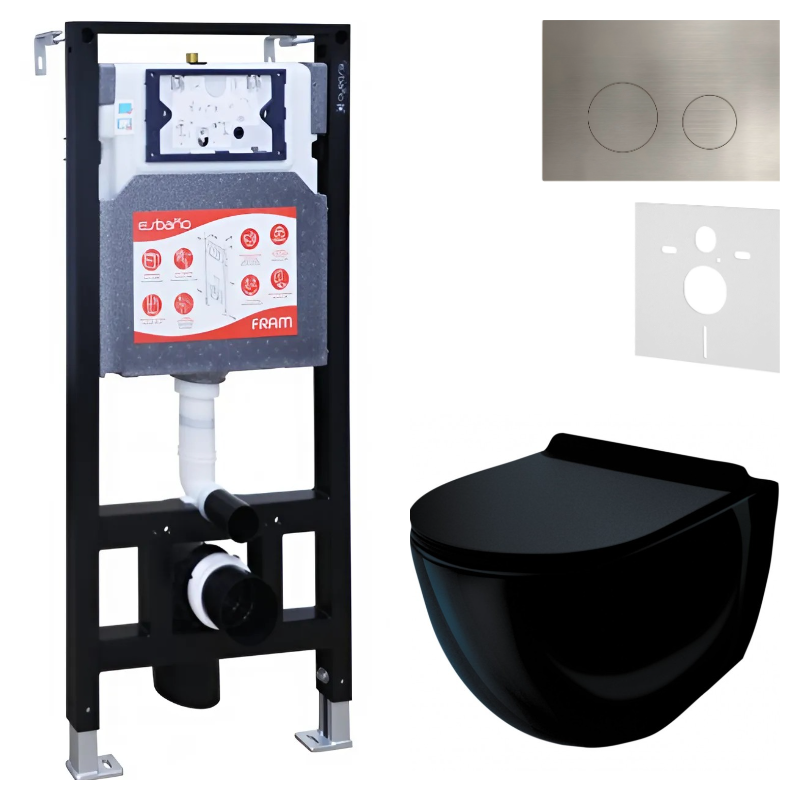 Комплект Унитаз подвесной Esbano Garcia ESUPGARCB черный глянец + Инсталляция Fram + Кнопка ESINMTK60ST