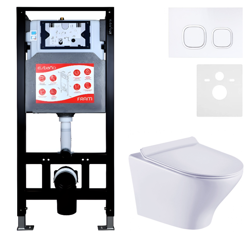 Комплект Унитаз подвесной Esbano Aster ESUPASTEW белый глянец + Инсталляция Fram + Кнопка ESINLPS10GW