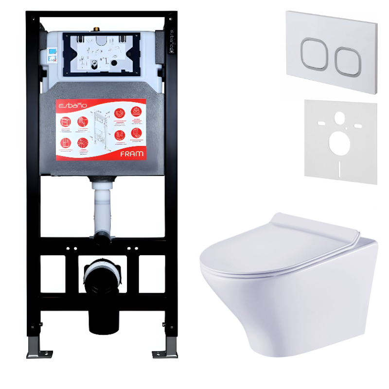 Комплект Унитаз подвесной Esbano Aster ESUPASTEW белый глянец + Инсталляция Fram + Кнопка ESINLPS10GW