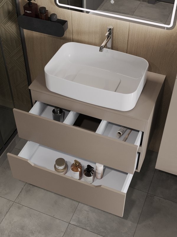 Тумба с раковиной Orange Line 80 подвесная, 2 ящика, матовый латте с раковиной B07-600W