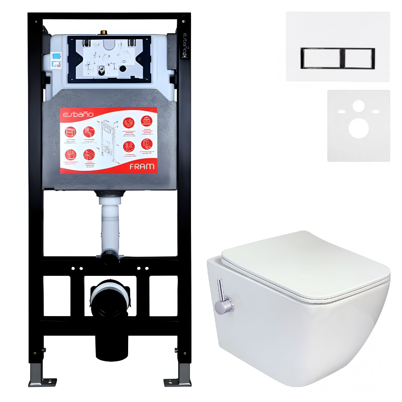Комплект 3 в 1 Унитаз подвесной Esbano ESWBLEONWN + Инсталляция Fram + Кнопка ESINPRK12GW цвет глянцевый белый