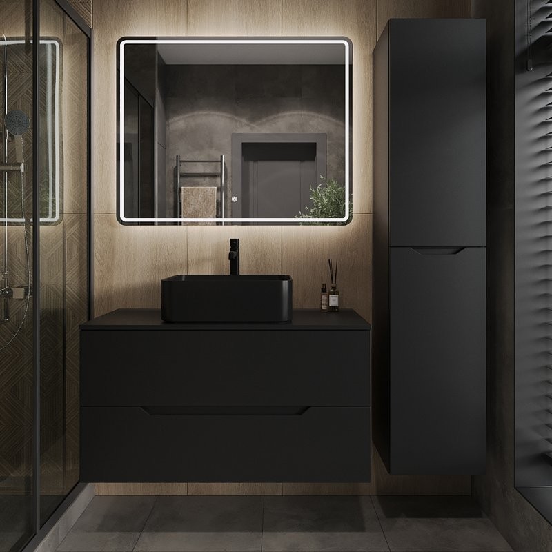 Тумба под раковину со столешницей Orange Line 100 подвесная, 2 ящика, матовая черная