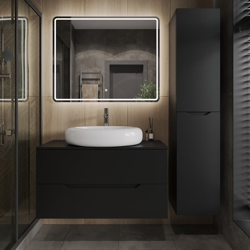 Тумба под раковину со столешницей Orange Line 100 подвесная, 2 ящика, матовая черная