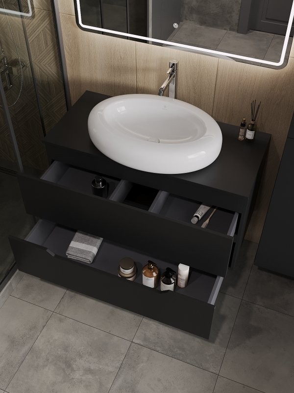 Тумба под раковину со столешницей Orange Line 100 подвесная, 2 ящика, матовая черная