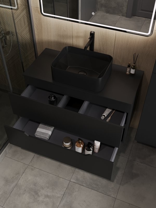 Тумба под раковину со столешницей Orange Line 100 подвесная, 2 ящика, матовая черная