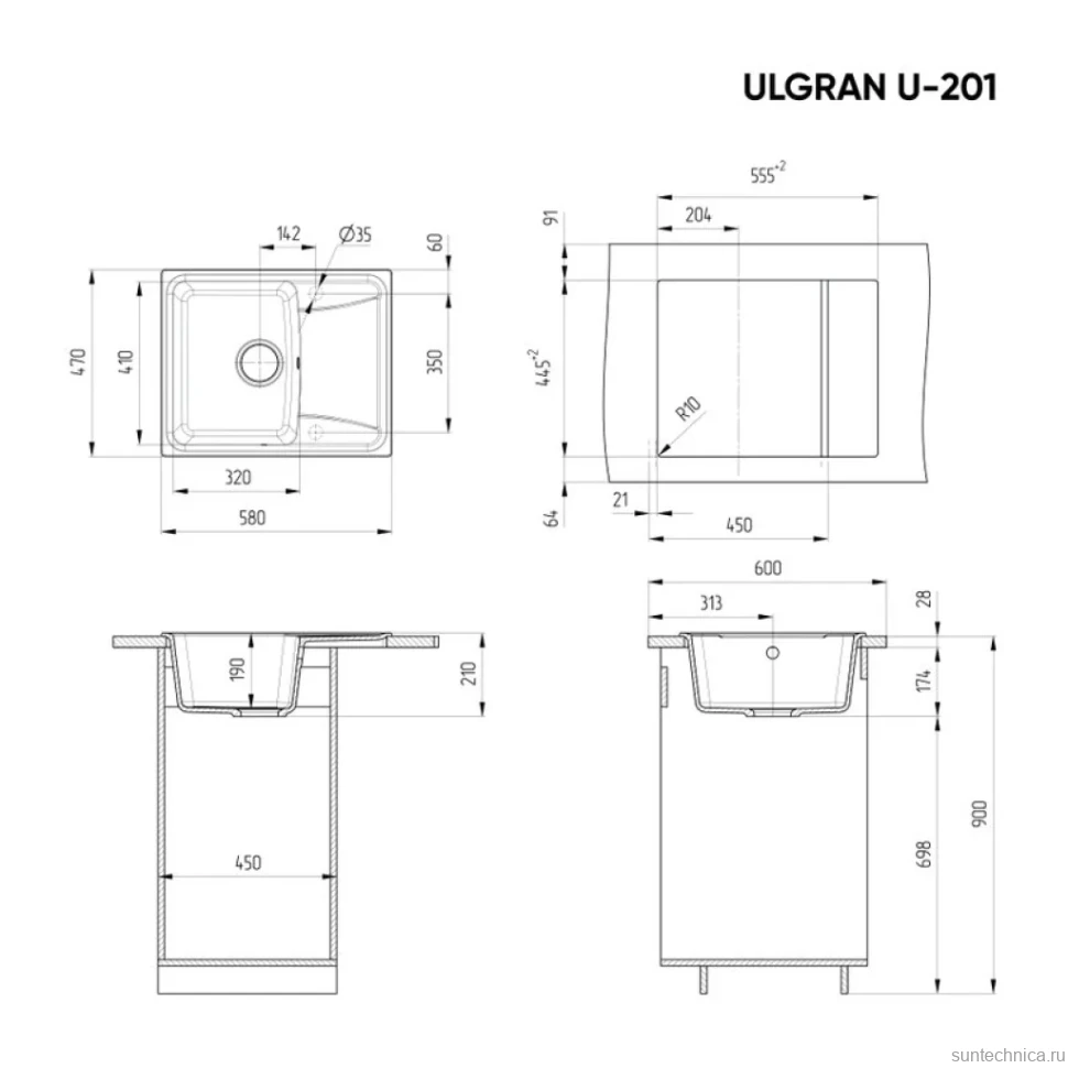 Мойка кухонная Ulgran U-201 343 антрацит + дозатор U-02 антрацит