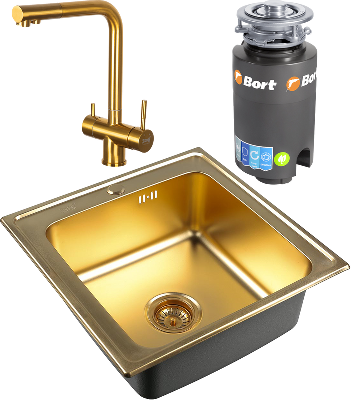 Комплект Мойка Zorg Inox PVD SZR-5050 bronze + Смеситель Inox SZR-7039 BRONZE бронза + Измельчитель Bort Titan 4000