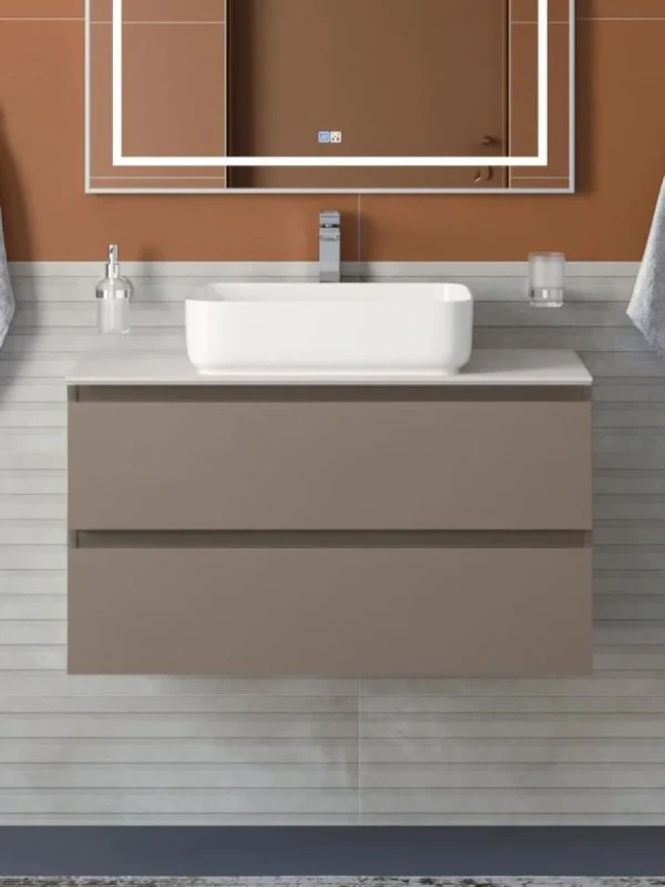 Тумба под раковину со столешницей BelBagno Kraft 100 подвесная, матовая бежевая, столешница kep-100-bo