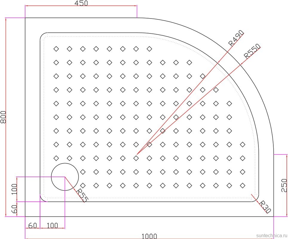 Поддон для душа Cezares Tray TRAY-A-RH-100/80-550-15-W-R R100х80 R, с сифоном
