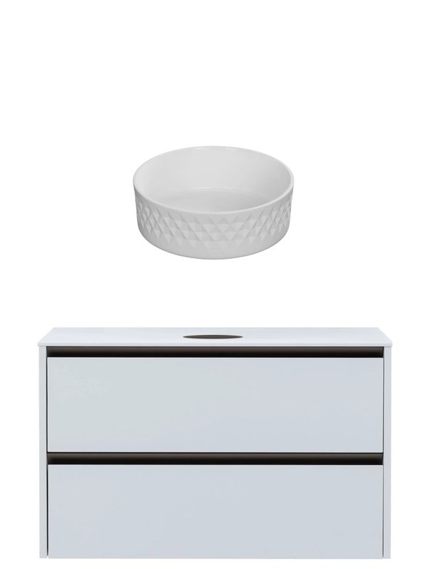 Тумба с раковиной Allen Brau Activity 120 с подсветкой, матовый белый, олива браш, столешница белая, раковина Fantasy Romb 36 белая