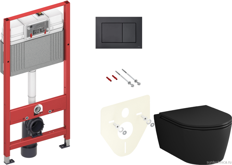 Комплект Унитаз подвесной AM.PM Func C8F1700MBSC безободковый, с микролифтом, матовый черный + Инсталляция TECE Now 9400414 4 в 1 с кнопкой смыва
