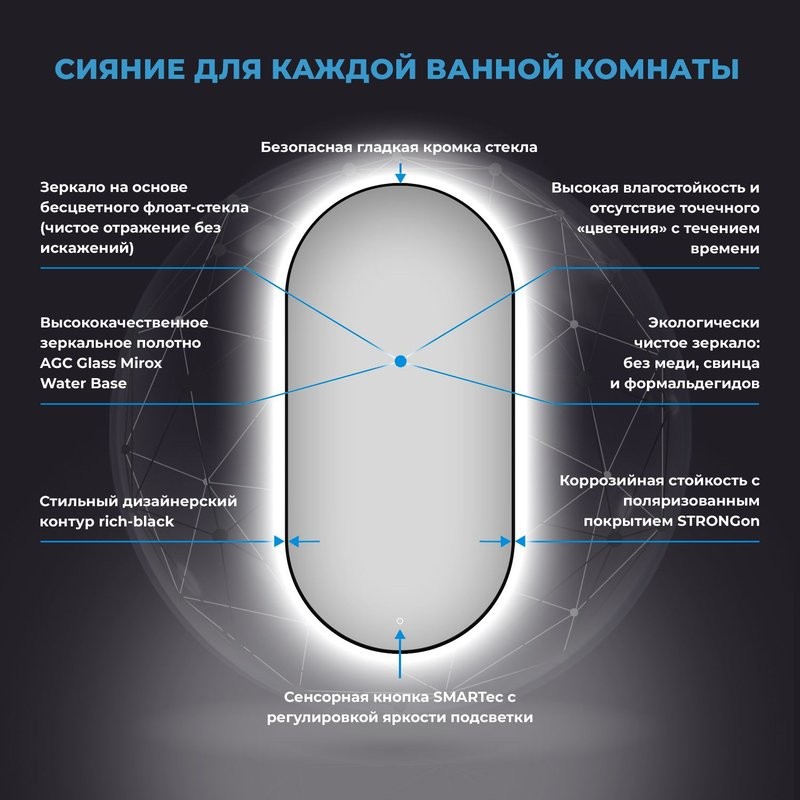 Зеркало Wellsee 7 Rays’ Spectrum 50х90 с подсветкой, черное матовое