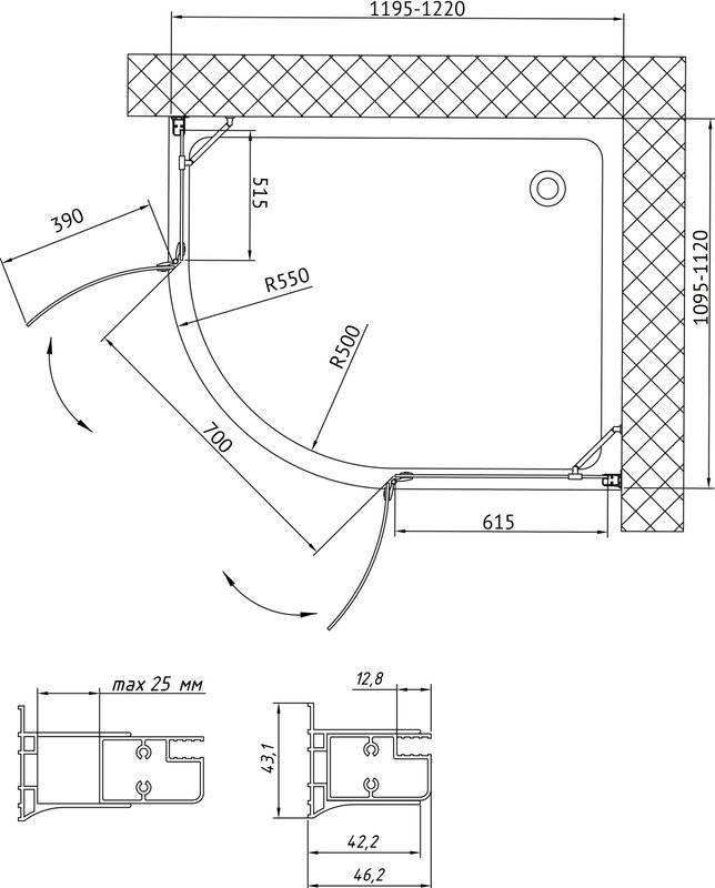 Душевой уголок Vegas Glass AFS-F 120*110 09 01 R профиль золото, стекло прозрачное