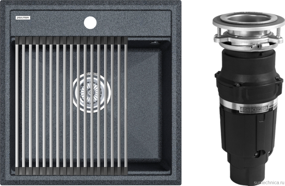 Комплект Мойка Paulmark Stepia + Step PM115051-DG+R375-BS графит + Измельчитель Bone Crusher BC 610-AS