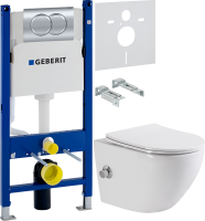Комплект Унитаз подвесной BelBagno Uno BB3105CHR-BS/SC с микролифтом, со смесителем и функцией биде + Инсталляция Geberit Duofix Delta 458.149.21.1 с кнопкой смыва, хром + Звукоизоляция