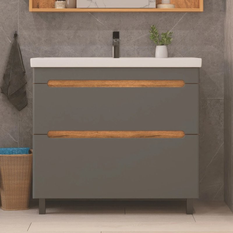 Тумба с раковиной SanStar Diva 100 напольная, дуб вотан, графит софт, раковина Миранда