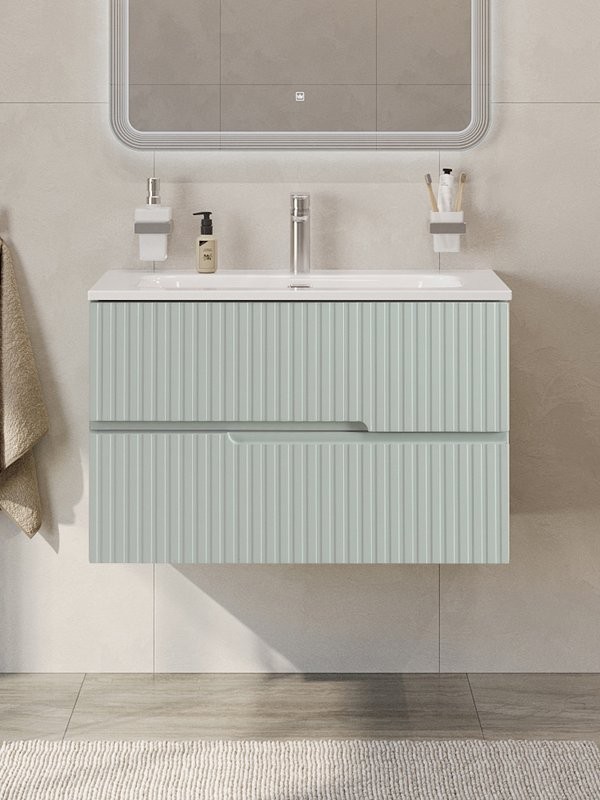 Тумба с раковиной Cezares Duet-n 80 подвесная, 2 ящика, жемчужная зеленая