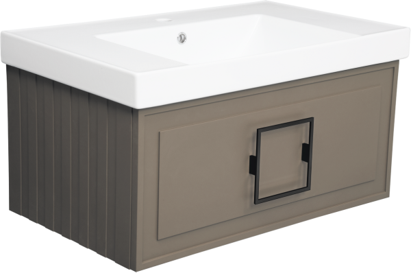 Тумба с раковиной La Fenice Cubo 80 подвесная, cappuccino, ручка черная, раковина Cubo 80