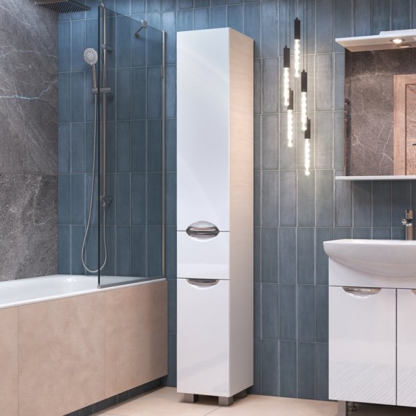 Шкаф пенал для ванной Vigo Callao белый, с бельевой корзиной