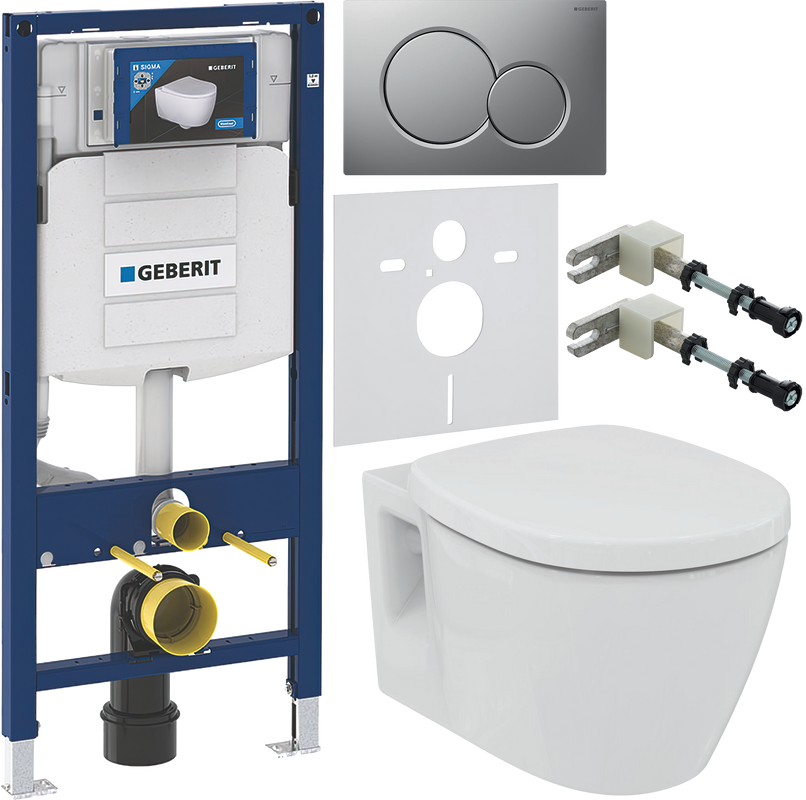 Комплект Унитаз подвесной Ideal Standard Connect + Крышка E712701 с микролифтом, петли хром + Инсталляция Geberit Duofix UP 320 111.300.00.5 + Кнопка Sigma 01 115.770.JQ.5 лакированная, матовый хром + Крепления 111.815.00.1 к стене + Звукоизоляция