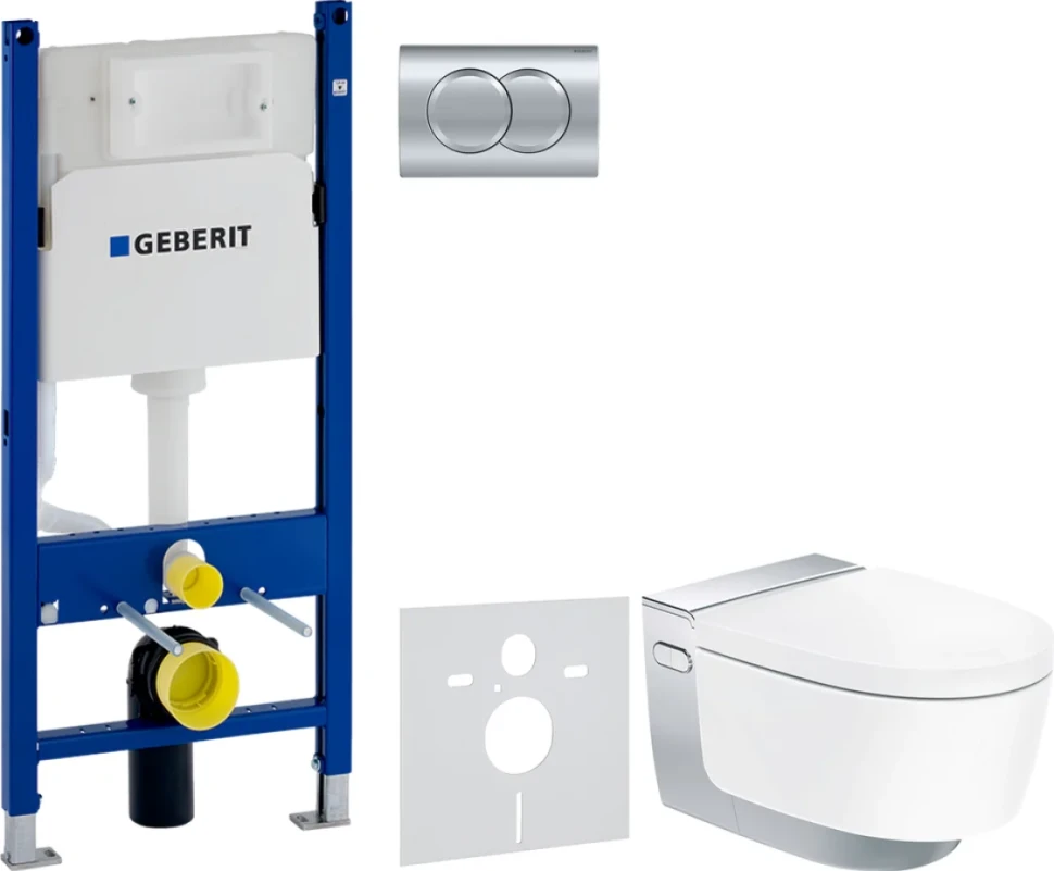 Комплект Унитаз подвесной Geberit AquaClean Mera Comfort 146.214.21.1 с системой удаления запахов, глянцевый хром + Инсталляция Duofix Delta 458.149.21.1 с кнопкой смыва, хром + Шумоизоляция 156.050.00.1