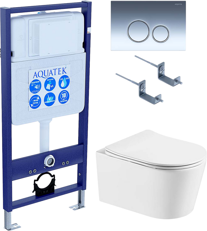 Комплект Унитаз подвесной AQUATEK Оберон Т AQ1365T-00 безободковый, с микролифтом + Инсталляция Standard INS-0000012 + Комплект креплений KKI-0000002 + Кнопка KDI-0000018 глянцевый хром
